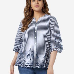 Gia Curves Stripe Patterned Cotton Tunic Top Embroidered Button XL